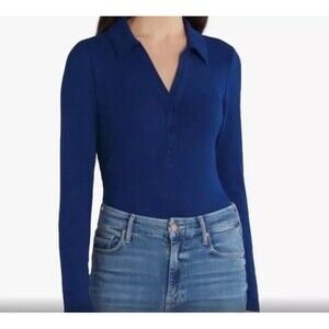 Violets & Roses Bodysuit Womens 1X Long Sleeve Blue Ribbed Collar Henley V Neck